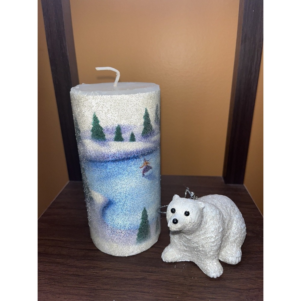 Frosted Pillar Candle ,  Winter Scene Skaters  Glitter Polar Bear Tree Ornament